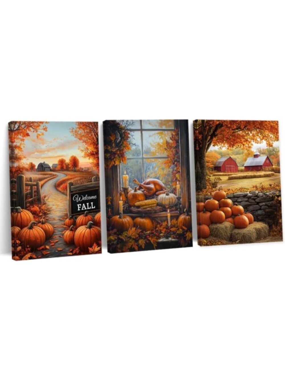 Autumn Farmhouse Wall Art Set of 3 - Barn & Pumpkin Canvas Prints, Rustic Decor
